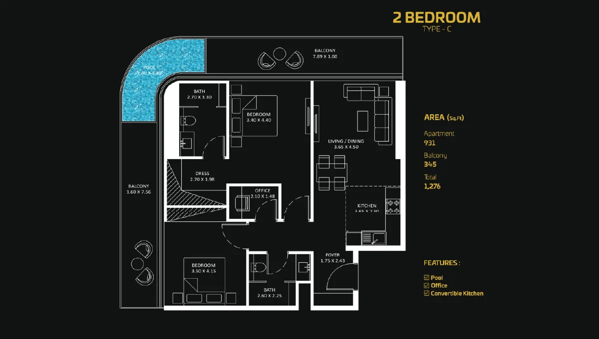 bayz 101 by danube 2 bedroom apartment floor plan