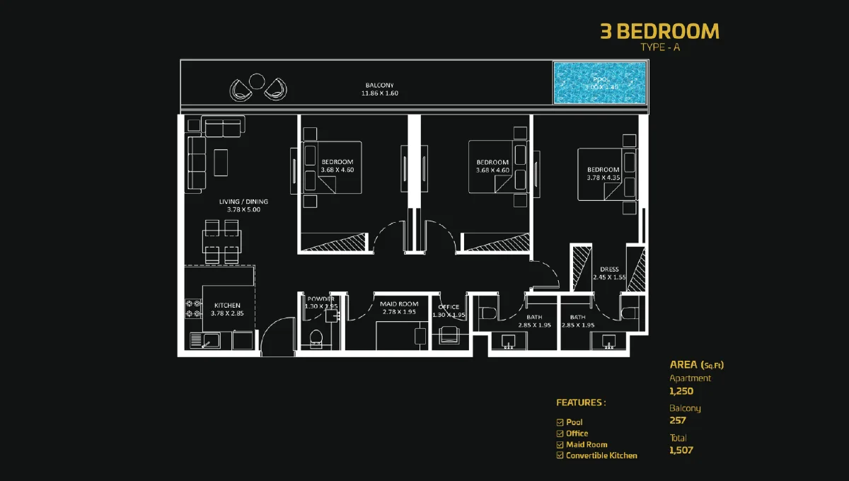 bayz 101 by danube 3 bedroom apartment floor plan