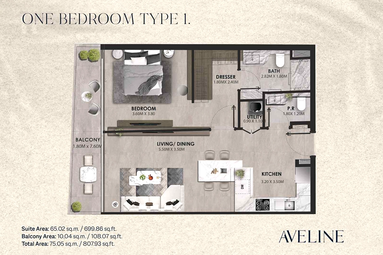 Aveline residence 1 bedroom apartment floor plan
